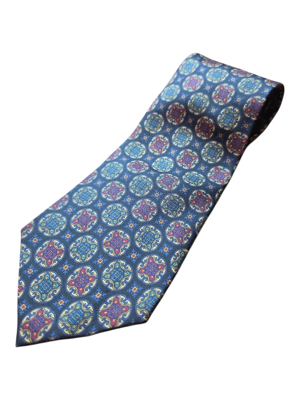 CHRISTIAN DIOR MONSIEUR | Silk Designer Necktie Blue Medallion Geometric | 57